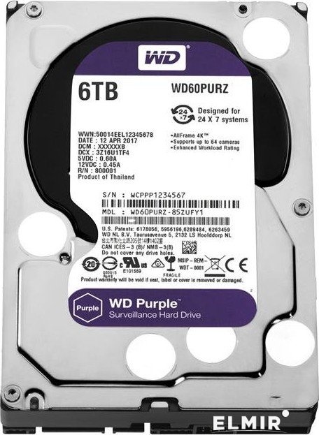 Жесткий диск WESTERN DIGITAL PURPLE 6TB 64MB WD60PURZ 